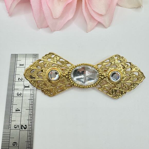 Vintage 1928 Victorian Revival Bow Brooch Openwork Gold Tone Romantic Lace Girly - Picture 6 of 9